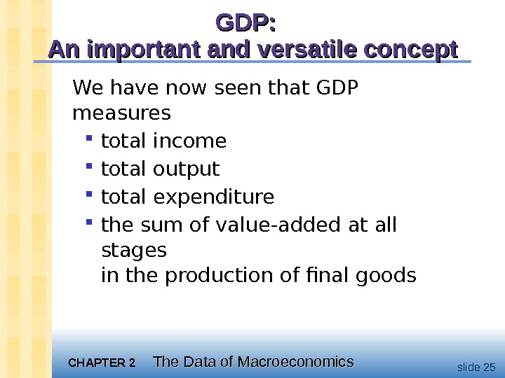 CHAPTER 2 The Data of Macroeconomics slide 25 GDP:  An important and versatile concept We