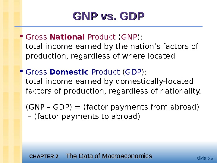 CHAPTER 2 The Data of Macroeconomics slide 26 GNP vs. GDP Gross National Product ( GNP