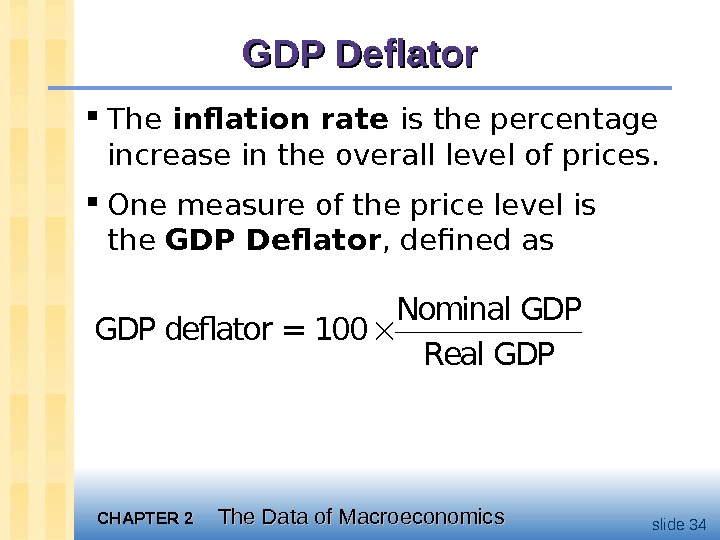 CHAPTER 2 The Data of Macroeconomics slide 34 GDP Deflator The inflation rate is the percentage