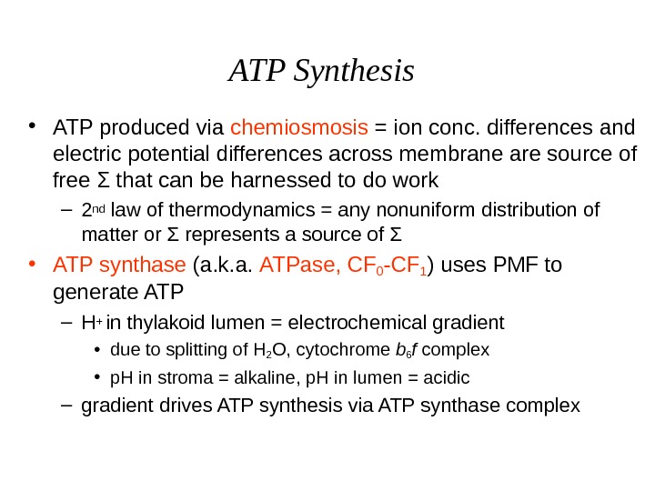  ATP Synthesis • ATP produced via chemiosmosis = ion conc. differences and electric potential differences