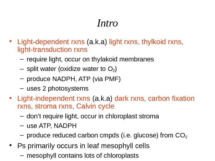  Intro • Light-dependent rxns (a. k. a) light rxns, thylkoid rxns,  light-transduction rxns –