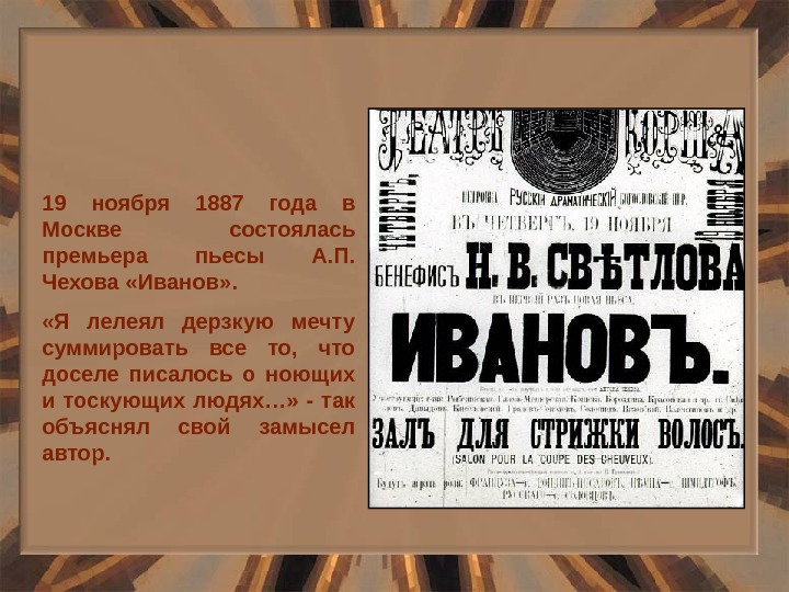 19 ноября 1887 года в Москве состоялась премьера пьесы А. П.  Чехова «Иванов» . 