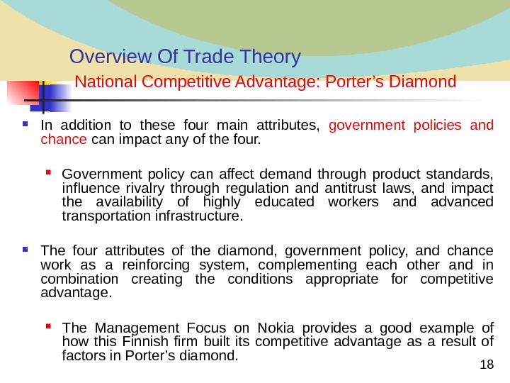  18 Overview Of Trade Theory  National Competitive Advantage: Porter’s Diamond In addition to these