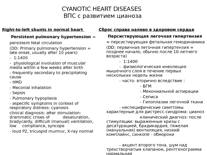  CYANOTIC HEART DISEASES ВПС с развитием цианоза Right-to-left shunts in normal heart  Persistent pulmonary