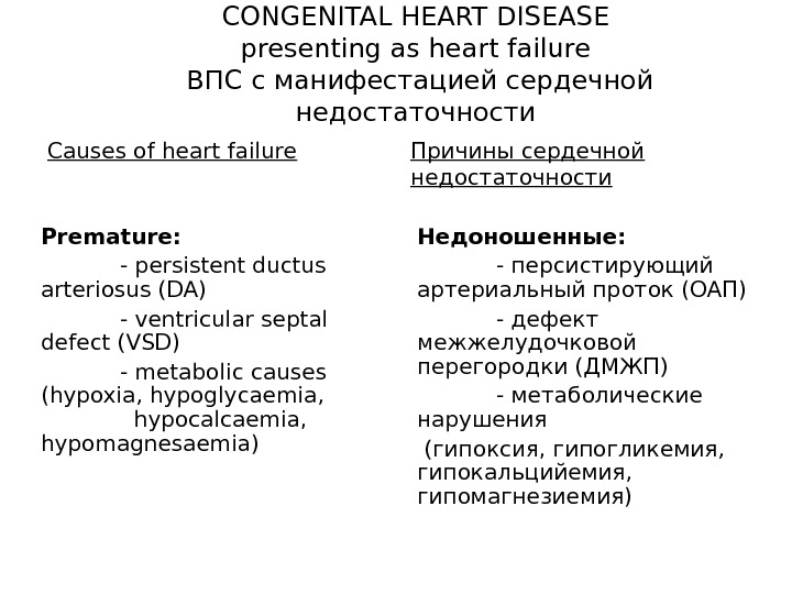  CONGENITAL HEART DISEASE presenting as heart failure ВПС с манифестацией сердечной недостаточности Causes of heart