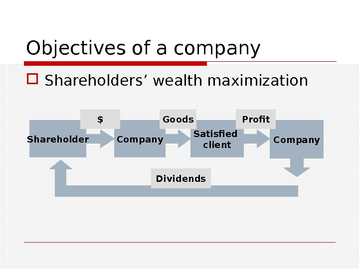 Objectives of a company Shareholders’ wealth maximization Shareholder Company Satisfied client. Goods$ Company. Profit Dividends 