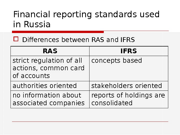 Financial reporting standards used in Russia Differences between RAS and IFRS RAS IFRS strict regulation of