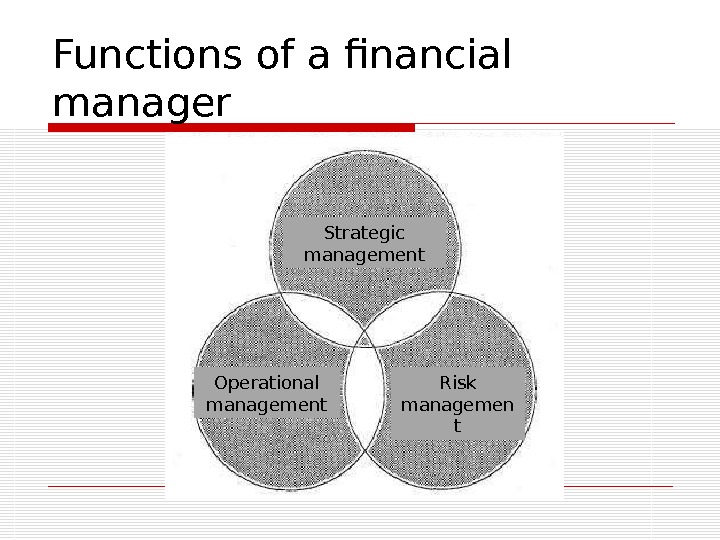 Functions of a financial manager Strategic management Operational management Risk managemen t 