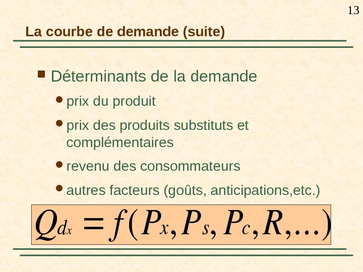 13 La courbe de demande (suite) Déterminants de la demande prix du produit prix des produits