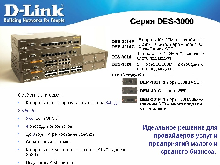   Серия DES-3000 Особенности серии • Контроль полосы пропускания с шагом  64 K до
