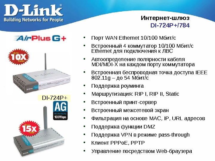   Интернет-шлюз  DI-724 P + /784 • Порт WAN Ethernet 10 /100 Мб ит/с