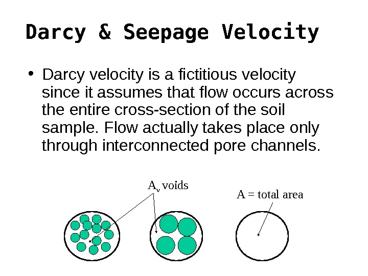 Darcy & Seepage Velocity • Darcy velocity is a fictitious velocity since it assumes that flow