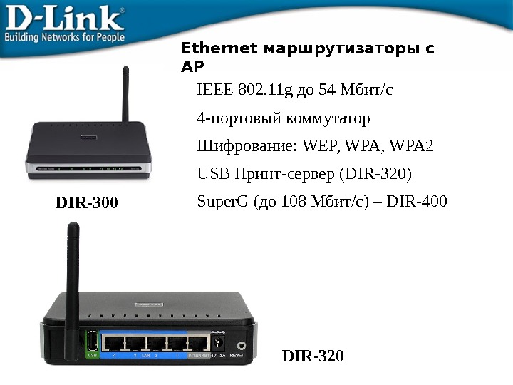 DIR-300 IEEE 802. 11 g до 54 Мбит /c 4 -портовый коммутатор Шифрование : WEP, WPA