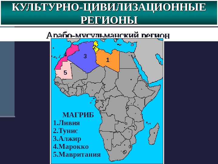 Арабо-мусульманский регион 1 МАГРИБ 1. Ливия 2. Тунис 3. Алжир 4. Марокко 5. Мавритания 2 34