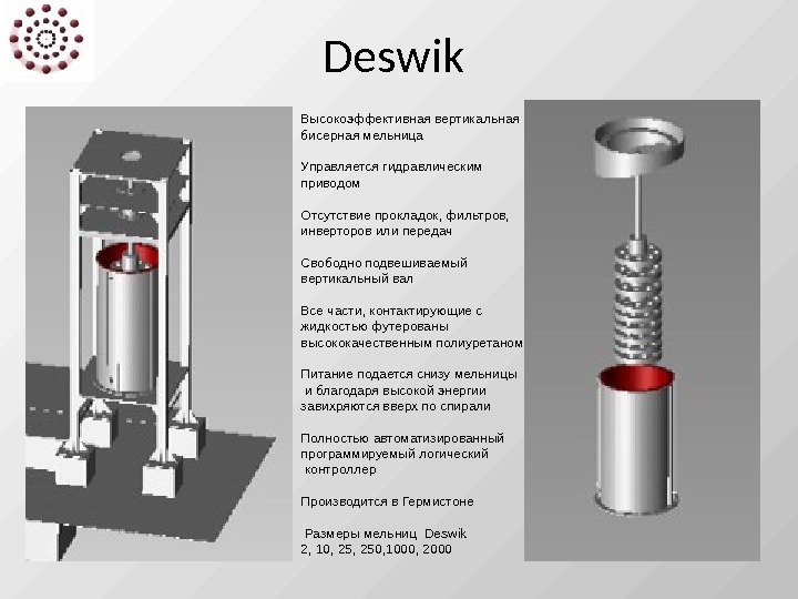 Deswik Высокоэффективная вертикальная бисерная мельница Управляется гидравлическим приводом Отсутствие прокладок, фильтров,  инверторов или передач Свободно