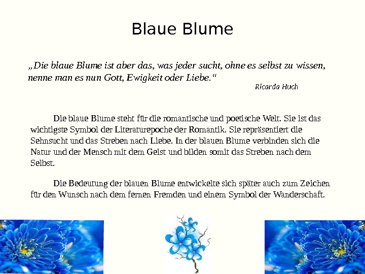 Blaue Blume Die blaue Blume steht für die romantische und poetische Welt. Sie ist das wichtigste