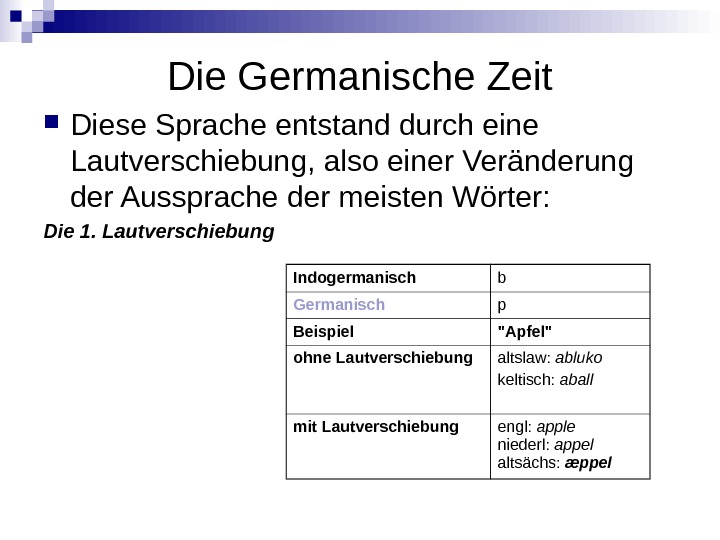 Die Germanische Zeit Diese Sprache entstand durch eine Lautverschiebung, also einer Veränderung der Aussprache der meisten