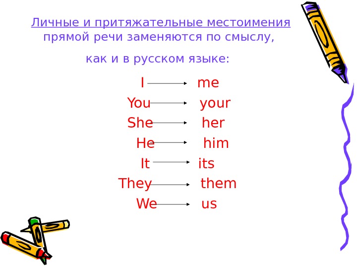 Личные и притяжательные местоимения  прямой речи заменяются по смыслу,  как и в русском языке: