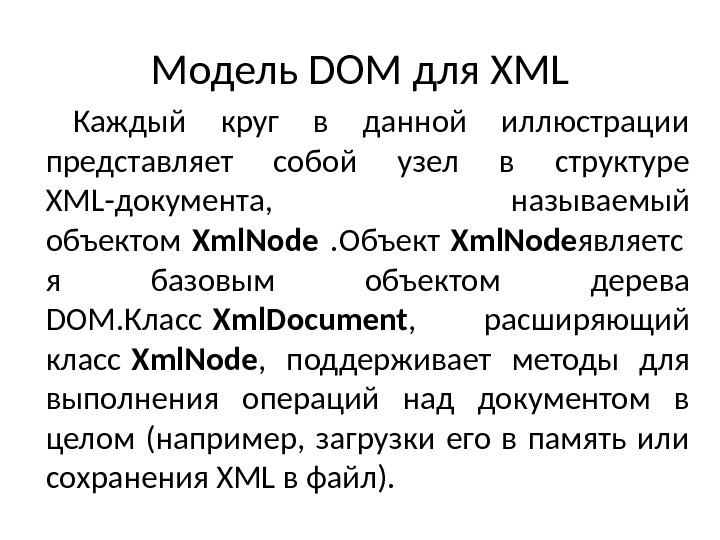 Модель DOM для XML Каждый круг в данной иллюстрации представляет собой узел в структуре XML-документа, 