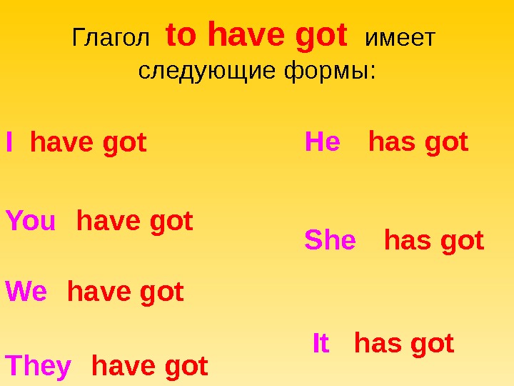 Глагол  to have got имеет следующие формы: I  have got  You have got