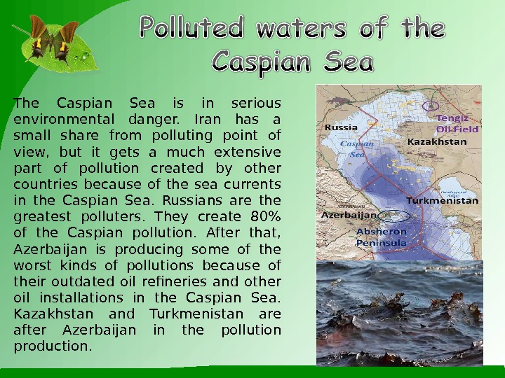 The Caspian Sea is in serious environmental danger.  Iran has a small share from polluting