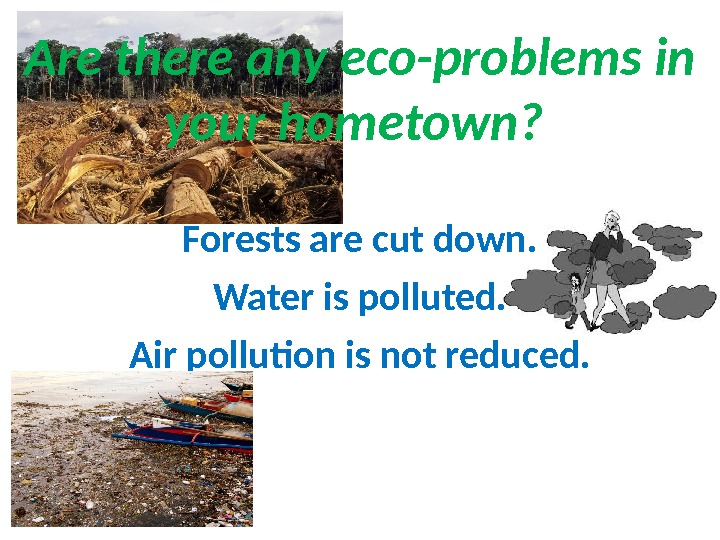 Are there any eco-problems in your hometown?  Forests are cut down. Water is polluted. Air