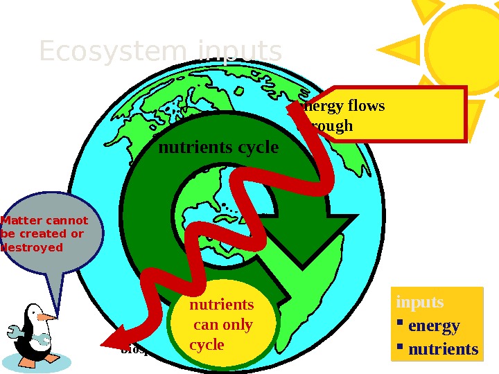 biosphere. Ecosystem inputs constant input of energy flows through nutrients cycle nutrients can only cycle inputs