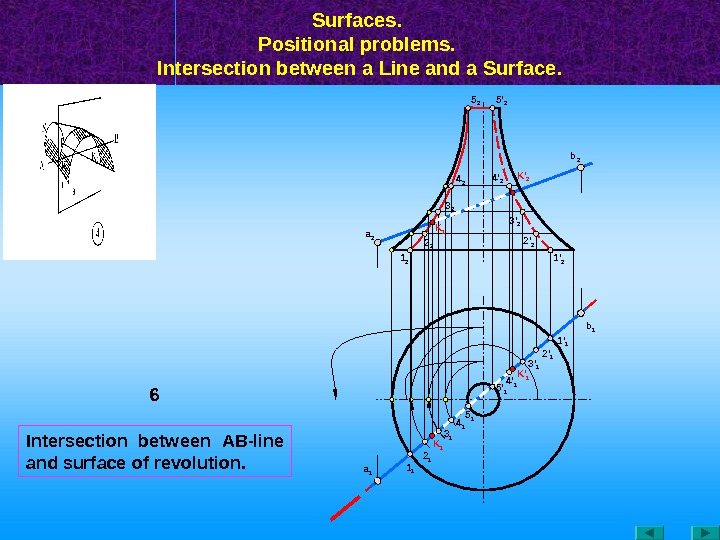 Intersection between  АВ -line  and surface of revolution. Surfaces.  Positional problems.  Intersection