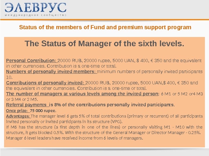 Status of the members of Fund and premium support program The Status of Manager of the