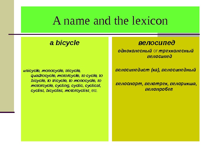 A name and the lexicon a bicycle unicycle, monocycle, tricycle,  quadrocycle, motorcycle, to bicycle, to