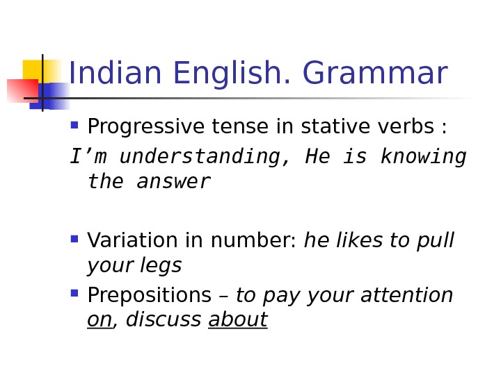   Indian English. Grammar Progressive tense in stative verbs :  I’m understanding, He is