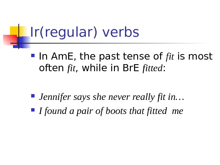   Ir(regular) verbs In Am. E, the past tense of fit is most often fit