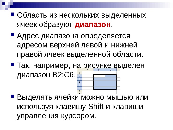   Область из нескольких выделенных ячеек образуют диапазон.  Адрес диапазона определяется адресом верхней левой