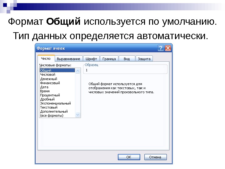   Формат Общий используется по умолчанию.  Тип данных определяется автоматически.  