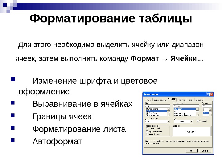   Форматирование таблицы Для этого необходимо выделить ячейку или диапазон ячеек, затем выполнить команду Формат