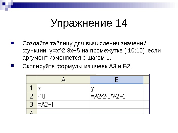   Упражнение 14 Создайте таблицу для вычисления значений функции  y=x^2 -3 x+5 на промежутке