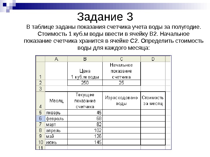   Задание 3 В таблице заданы показания счетчика учета воды за полугодие.  Стоимость 1