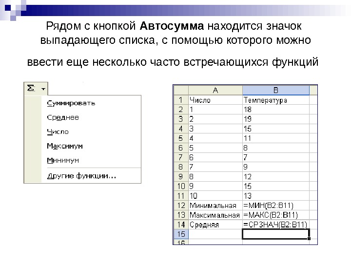   Рядом с кнопкой Автосумма находится значок выпадающего списка, с помощью которого можно ввести еще