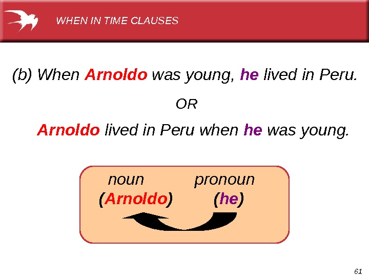 61 Arnoldo lived in Peru when he was young.    noun   pronoun