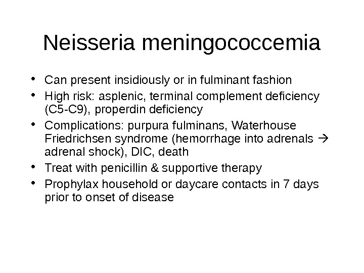 Neisseria meningococcemia • Can present insidiously or in fulminant fashion • High risk: asplenic, terminal complement