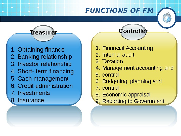   FUNCTIONS OF FM Treasurer 1. Obtaining finance 2. Banking relationship 3. Investor relationship 4.