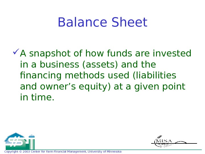 Copyright © 2003 Center for Farm Financial Management, University of Minnesota Balance Sheet A snapshot of