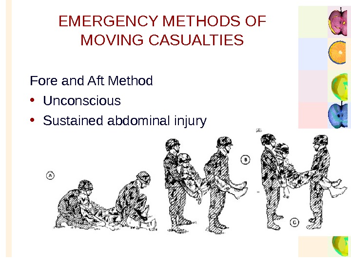   EMERGENCY METHODS OF MOVING CASUALTIES Fore and Aft Method • Unconscious • Sustained abdominal