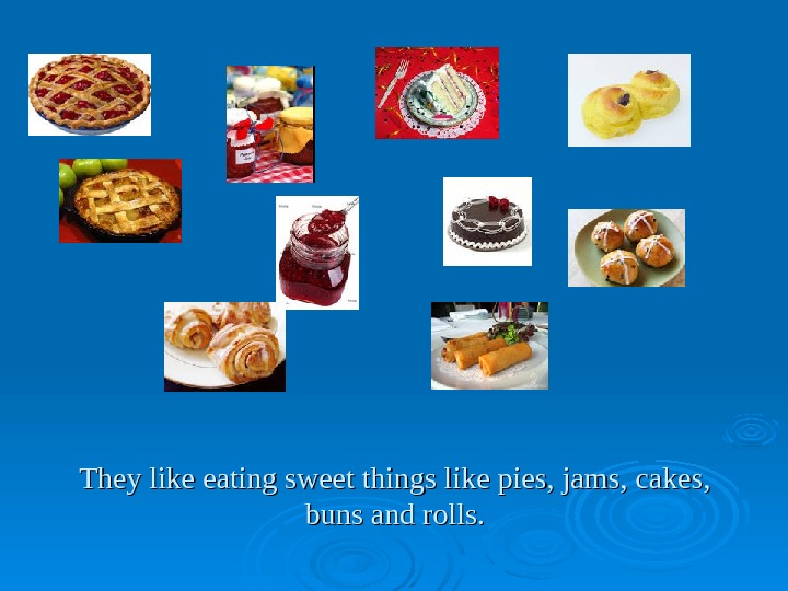   They like eating sweet things like pies, jams, cakes,  buns and rolls. 
