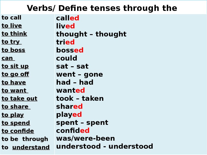 Verbs/ Define tenses through the to call to live to think  to try to boss