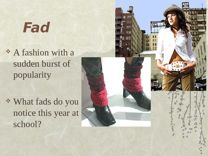   Fad A fashion with a sudden burst of popularity What fads do you notice