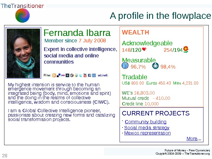 Future of Money - Free Currencies Copyleft 2008 -2009 – The. Transitioner. org 28 A profile