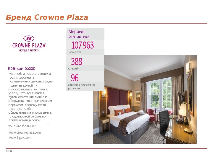 IHG©Бренд Crowne Plaza Мировая статистика номеров отелей в проекте по развитию. Краткий обзор Узнайте больше: Мы