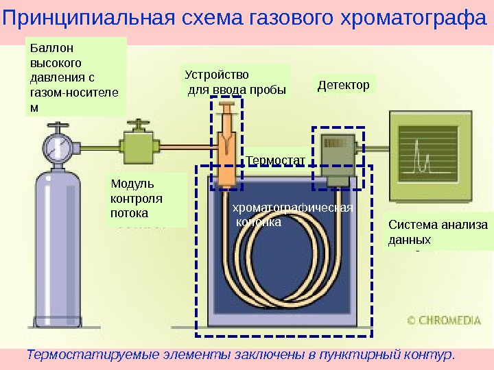 Принципиальная схема газового хроматографа Термостатируемые элементы заключены в пунктирный контур. Баллон высокого давления с газом-носителе м