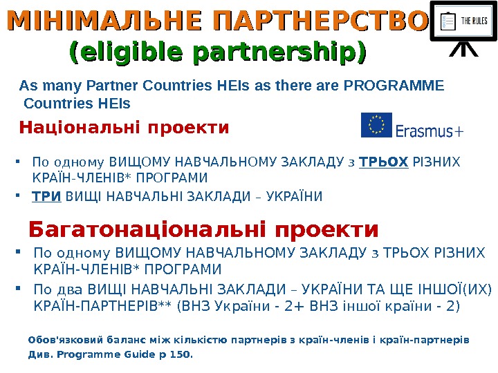 МІНІМАЛЬНЕ ПАРТНЕРСТВО (eligible partnership) As many Partner Countries HEIs as there are PROGRAMME Countries HEIs 
